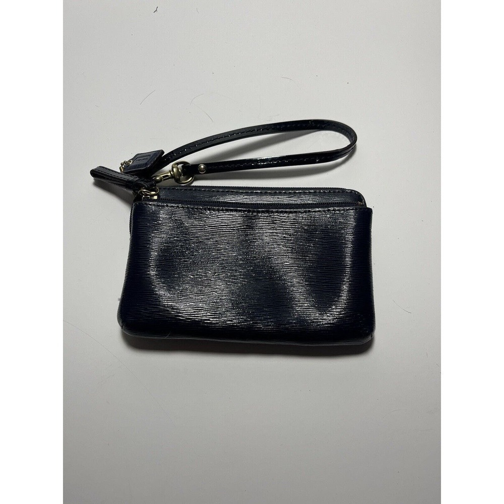 Coach Wristlet Wallet Double Pockets Brass Zipper Navy Blue Pink Lining